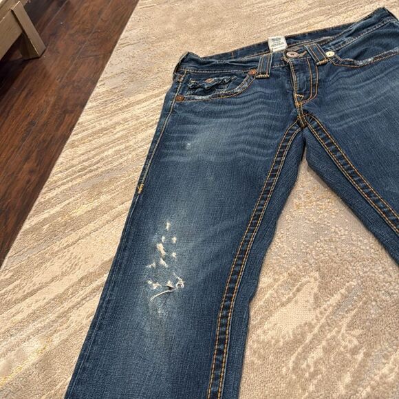 TRUE RELIGION Straight Leg Jeans 31x30 flap pockets distressed chunky stitching - Picture 3 of 10